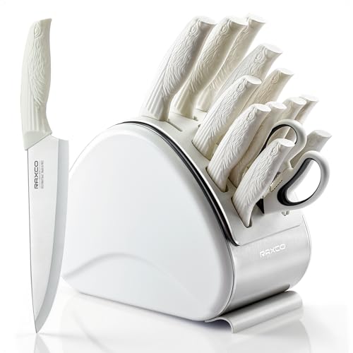 RAXCO Knife Set,15-Piece Stainless Steel Kitchen Knives with Block for Professional Cutting,White