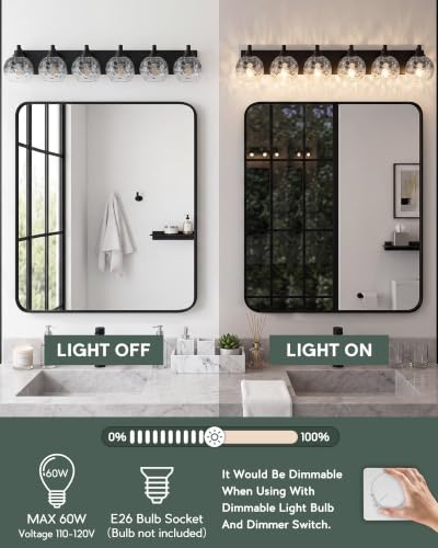 Image of 6-Light Black Bathroom Vanity Light, Hammered Glass Globe Shade | 38 Inch matte black modern bathroom light fixture over mirror, UL listed, E26 bulbs, hardwired, upward only, VL200-MB-CL-6