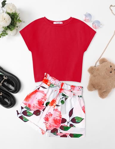 Image of Arshiner Girls 2 Piece Outfit Summer Drop Shoulder Batwing Sleeve Tops and Paperbag Waist Shorts Set Cute Clothing Size 6-14