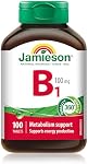 Jamieson Vitamine B1 100 mg, Thiamine, Essentielle pour le Métabolisme Énergétique, et Aide à Prévenir la Carence en Vitamine B1. Un par jour, Végétarien, Sans gluten, 100 Comprimés, Fièrement canadien