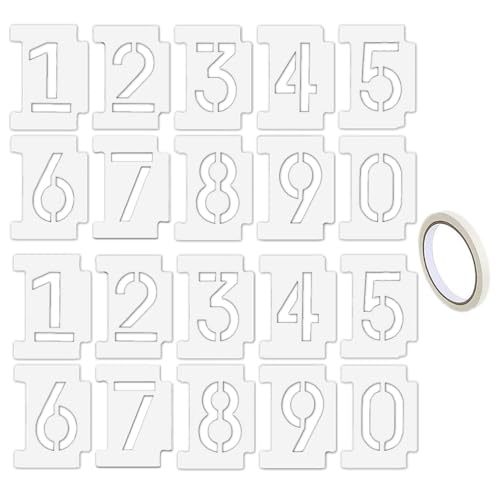 JZK Lot de 20 pochoirs de chiffres de 0 à 9 pour peinture en aérosol, 9,8 x 5,8 cm, réutilisables avec ruban de masquage pour peinture de panneaux de boîte aux lettres, parking routier, porte,