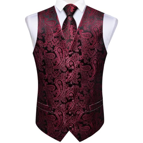 Image of DiBanGu Mens Vest and Tie Set Formal Paisley Waistcoat and Necktie Pocket Square Cufflinks Silk Suit Vest for Tuxedo Wedding