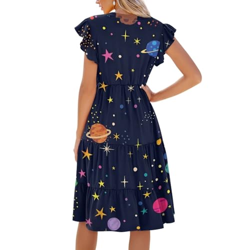 Image of Womens Summer Dress Ruffle Sleeve V Neck Dress Casual Fit Flowy Beach Vacation Sundress with Pocket S-2XL