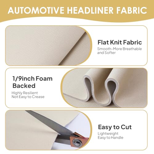 Auto Headliner Fabric Mesh Type 60inx85in with Foam Backing Interior Replacement Headliner Material, for All Vehicles RV Boat Home Roof Upholstery Fabric, Beige