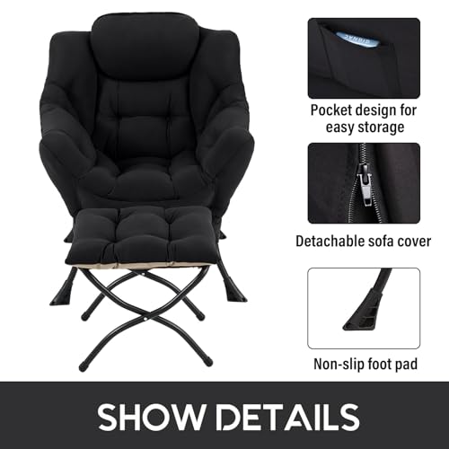 Image of LITA Lazy Chair with Ottoman, Modern Accent Leisure Upholstered Sofa Chair, Contemporary Lounge Reading Chairs with Armrests and a Side Pocket for Living Room, Bedroom & Small Space, Black