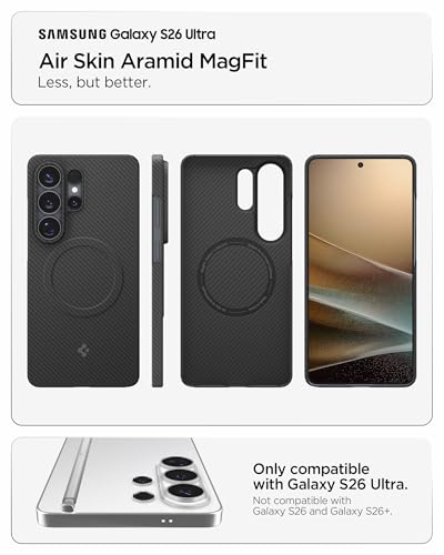 Image of Spigen Air Skin Aramid MagFit | Samsung Galaxy S26 Ultra Case [WPC Qi2 Certified] Galaxy S26 Ultra Back Cover | Aramid Fiber+PC - Black