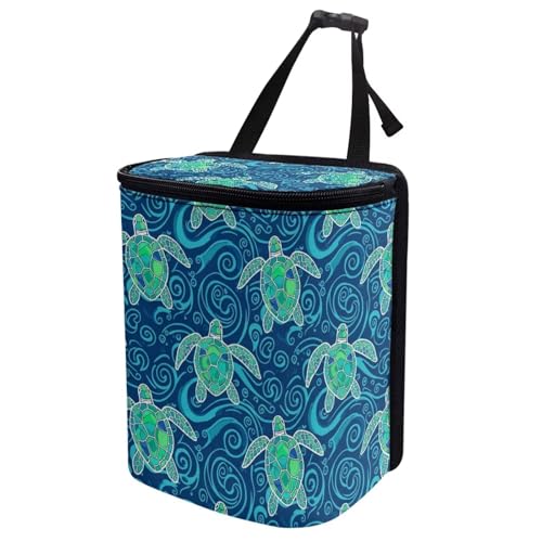 Image of Talayituse Teal Turtle Water Print Car Trash Bin, Large Size Auto Trash Can Adjustable Portable Garbage Can with Lid, Vehicle Hanging Bag for Headrest Front Back Seat