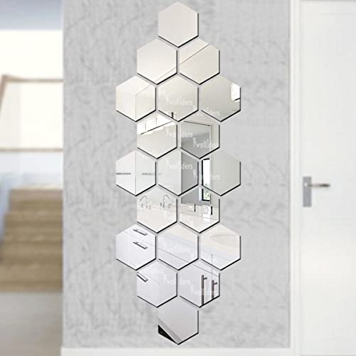 Image of Wall1ders 20 Hexagon with 10 Butterfly Silver (Hexagon Size 10.5 x 12 cm) Hexagon Mirror wall Stickers, Hexagonal Mirror wall Sticker for Hall Room, Living Room, Bed Room, Kitchen, Home & Offices.