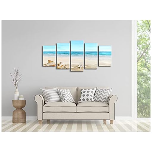 Pyradecor Seashell 5 panels Seascape Canvas Prints Landscape Pictures Paintings Modern Stretched Canvas Wall Art Sea Beach Pictures Artwork for Home Decor - Image 4