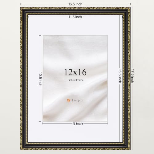 Image of eletecpro 12x16 Vintage Picture Frame, Glass Cover, Black Gold, 2-Pack | Display Photo 8.5x11 with Mat or 12x16 without, Horizontal or Vertical, Wall Mount
