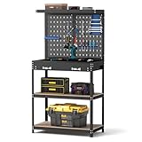 Goplus Workbench, Work Table with Drawer, Pegboard, Hanging Accessories, Topping Space, 4-Tier Heavy Duty Metal Tool Storage Bench, Work Benches for Garage, Workshop (Blue, 32