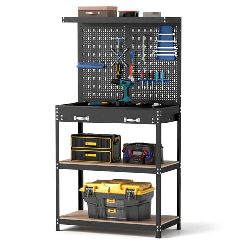 Goplus Workbench, Work Table with Drawer, Pegboard, Hanging Accessories, Topping Space, 4-Tier Heavy Duty Metal Tool Storage Bench, Work Benches for Garage, Workshop (Blue, 32