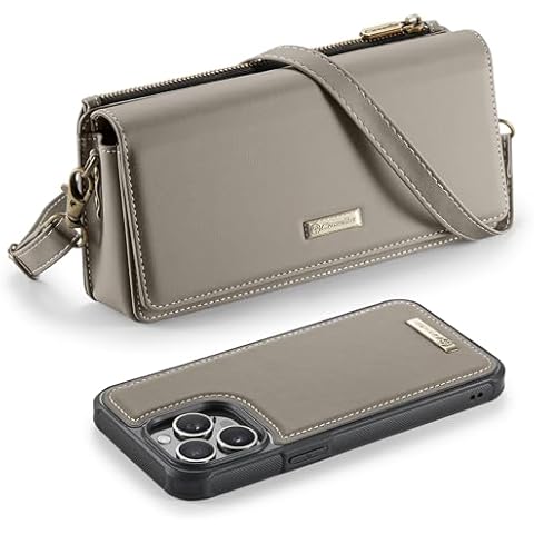 CaseMe for iPhone 15 Pro Max Wallet Case with RFID Blocking Card Holder for Woman, 2-in-1 Slim Detachable Phone Cases & PU Leather Crossbody Strap Zipper Purse Bag for iPhone 15 Pro Max 6.7", Grey Cover
