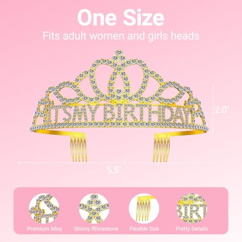 Birthday Tiara and Crown with Sash, Birthday Tiara for Women Party Gold