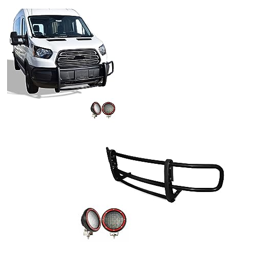 Black Horse SPARTAN Grille brush Bumper Guard Modular Black Come With Pair of 5.3"LED Lights Compatible with 2015-2019 Transit-150|2015-2019 Transit-250|2015-2019 Transit-350-17FOTRMA-PLFR