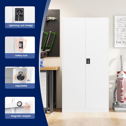 Image of Yizosh Metal Garage Storage Cabinet with Lock, 71 inch Locking Tool Cabinet with 2 Doors and 5 Shelves, Heavy Duty for Garage, Office, School (White)