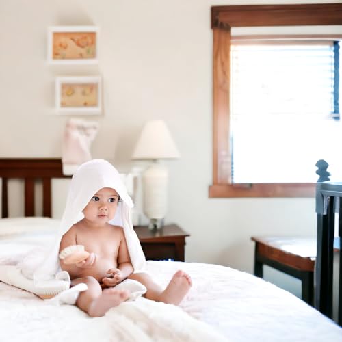 Image of BY LORA Hooded Baby Towel for Newborns, Soft 100% Rayon Infant Bath Towel, Highly Absorbent Unisex Wrap, 30 x 30 Inches, White