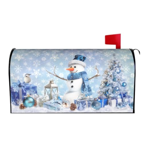Image of Winter Snowman Mailbox Cover Magnetic 25.5 inchx21 inch Oversize Blue Christmas Tree Balls Xmas Snowflakes Mailbox Wrap Post Cover Decor for Yard Garden Home Outdoor Holiday New Year