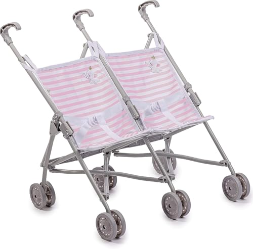 Image of JC Toys Boutique | Twin Folding Umbrella Doll Stroller for Children 2 Years Plus, Pink Stripes and Soft Embroidery | Sturdy Metal Frame | Pretend Play with Dolls up to 18 inch Long | Seat Belts