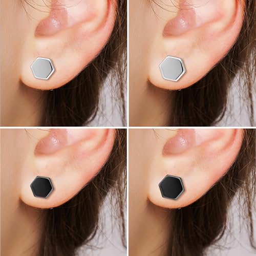 INFINIONLY Herren Ohrringe Männer Edelstahl Piercing Sechseckige Ohrstecker Fashion Schrauben Hantel Front-Back-Ohrringe für Teenager, Silber und Schwarz 4 Paare Set Durchmesser 6mm/8mm