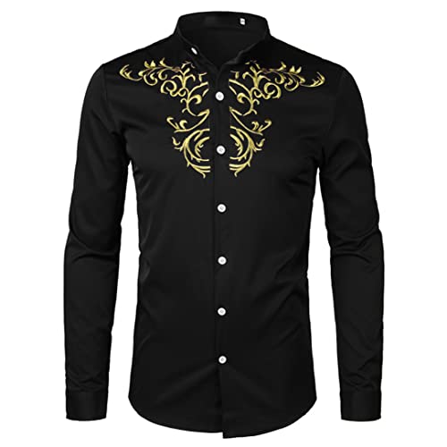 Chemise brodée de fleurs dorées homme manches longues couleur unie