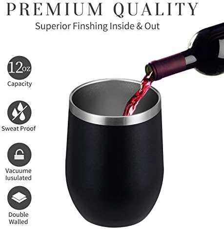 MEWAY 12oz Wine Tumbler 16 Pack Bulk Gifts for Women,Double Wall Vacuum Stainless Steel Travel Mug with Lid,Insulated Stemless Wine Cup Glass for Coffee,Cocktails,Drinks(Black,73 Piece Set) - 3