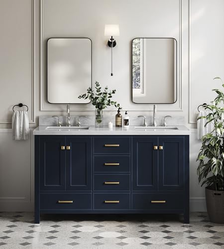ARIEL Cambridge 61 Inch Midnight Blue Bathroom Vanity Double Sink, Solid Wood, Carrara Marble Countertop, 1.5-Inch Edge, Rectangular Undermount Sinks, 4 Soft Closing Doors, 6 Drawers