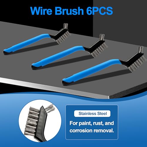 Image of Mini Wire Brush Set 6Pcs - Stainless Steel Wire with Curved Handle Grip for Rust, Dirt & Paint Scrubbing with Deep Cleaning
