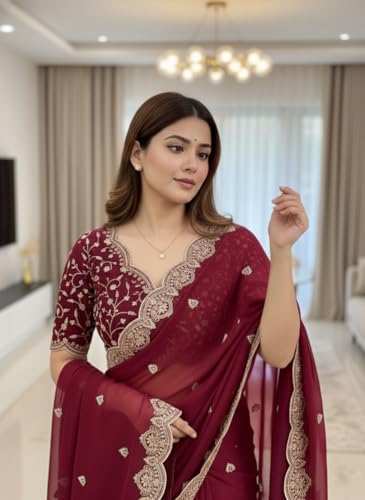 Image of Yashika Women Vichitra Silk Saree with Embroidered Border| Sarees Bollywood Sari | New Sarees | Saree Blouse| Designer Saree (AZ-YS-OG-LADYQUEEN-Parent)