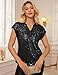 Black Tops for Women Fall Fashion V Neck Short Sleeve Club Blouse Dressy Solid Color 2025 Party Shirts Black M