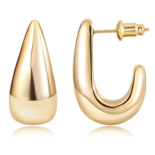 Gacimy Chunky Gold Earrings for Women, Teardrop Earrings with 925 Sterling Silver Post, 14K Gold Statement Drop for Women
