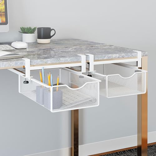Cajón bajo escritorio metálico sin taladro para almacenaje bajo mesa, estante bandeja cesta para hogar y oficina, blanco, pequeño sin rejilla para escritorios miniatura 3