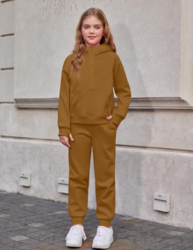 Image of Arshiner Girls 2 Piece Outfits Sweatsuit Half Zip Sweatshirt and Sweatpants | Fall Winter, Drop Shoulder Long Sleeve, Thumbhole Hoodies, with Sweatpant, Jogger Set, Sweat Set, Tracksuits with Pockets