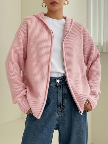 Image of SOLY HUX Zip Up Cardigan for Women Hooded Cardigan Sweater Knitted Drop Shoulder Fall Clothes Winter Hoodies Outerwear