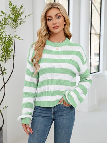 Image of Libsorge Womens Oversized Lightweight Cute Striped Cropped Sweater Spring 2025 Knitted Crew Neck Thin Crop Pullover Tops