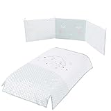 Juego de sábanas para cuna de 120x60 cm. Se compone de 3 piezas: funda almohada, sabana encimera y bajera ajustable al colchón.