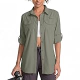 Camisa de Manga Larga UPF 50 para Mujer, diseño de Safari, Senderismo, Pesca, protección UV rápida, con Botones, Camisa de Viaje para jardinería, Verde grisáceo, M