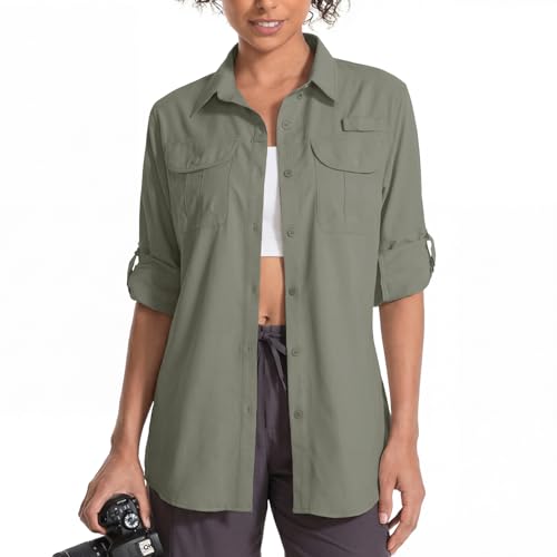 Camisa de Manga Larga UPF 50 para Mujer, diseño de Safari, Senderismo, Pesca, protección UV rápida, con Botones, Camisa de Viaje para jardinería, Verde grisáceo, M