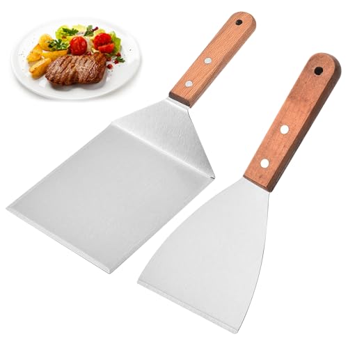 Omnikryp 2 Piezas Utensilios Barbacoa, Espátula de Acero Inoxidable, Accesorios Barbacoas con Mangos de Madera, Parrilla Herramienta para Hombres Mujeres Camping y Cocina, Apto para Lavavajillas