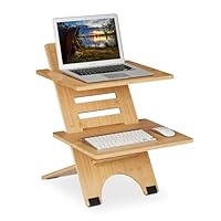 Relaxdays Stehschreibtisch Aufsatz, höhenverstellbar, 2 Ablagen, Bambus, Schreibtischaufsatz, stehend Arbeiten, Natur