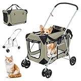 Upgraded 4 Wheels Pet Stroller for Small Medium Dogs Cats, Pet Stroller Detachable Carrier, Foldable Travel Buggy with 360 Degree Wheels, Ventilated Mesh, Dog Cart Outdoor Walks Khaki