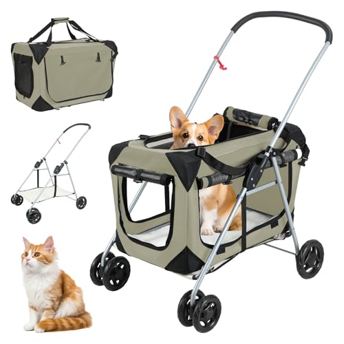 Upgraded 4 Wheels Pet Stroller for Small Medium Dogs Cats, Pet Stroller Detachable Carrier, Foldable Travel Buggy with 360 Degree Wheels, Ventilated Mesh, Dog Cart Outdoor Walks Khaki