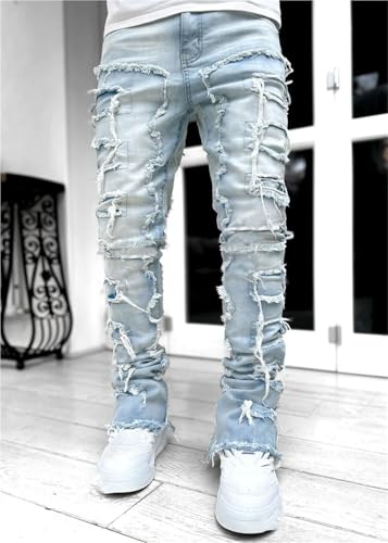 Mens Straight Leg Denim Jeans Novelty Patchwork Design Distressed Fuzzy Edge Patch Pants Casual Streetwear2