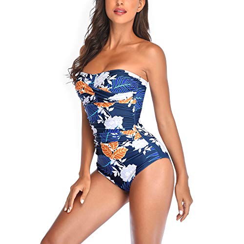 Image of Smismivo Tummy Control Swimwear Strapless One Piece Swimsuit Ruched Bathing Suits for Women Slimming Bandeau Tube Top Bikini