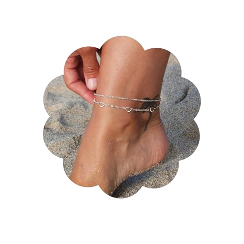 Image of FindChic Black /Silver /Gold Plated Anklets Set of 2PCS /3PCS Herringbone Chain Cuban Link Heart Charm Sparkling Tennis Ankle Bracelets, Waterproof Summer Foot Jewelry for Beach