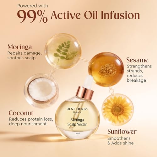 Image of Just Herbs Hair Oil Moringa Scalp Nectar | 99% Active Oil Infused | Silicone Free, Paraben Free, | Damage Repair, Hair Breakage | For hair growth Men & Women - 30ml
