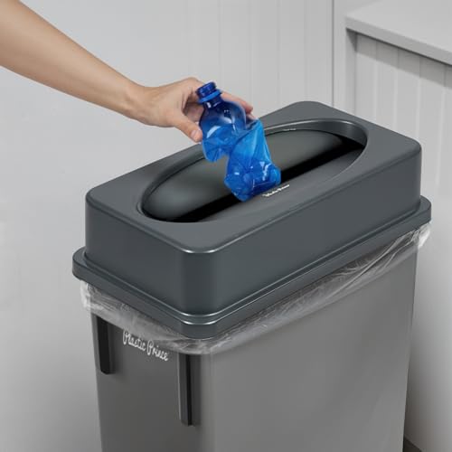 Image of PLASTIC PRINCE 23 Gallon Slim Trash Can with Swing Lid Commercial Gray Rectangular Garbage Can with Drop Shot Lid Waste Bin with Double Flip Top for Restaurant Home Kitchen Office 6 Pack