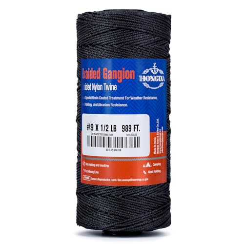 Hongda #9 Braided Bank Line Twine, 989 Feet Black Bonded Nylon Gangion Line (70–300 lb), Predictable Break Strength • Abrasion & UV Resistant • Clean Easy for Offshore Tuna Longline & Groundfish Sets