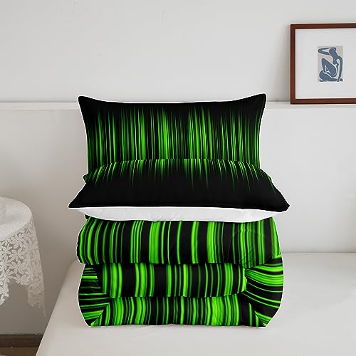 Image of Feelyou Abstract Ombre Comforter Set Full, Green and Black Striped Bedding Set Gradient Green Lines Comforter for Kids Toddler Modern Abstract Geometric Duvet Set Microfiber Quilt Set