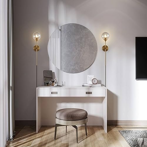 Image of BOKT Mid Century Smoke Glass Bathroom Wall Light Plug in Set of 2 Brushed Brass Gold Long Globe Wall Sconce Lighting Plug in Cord Set of Two Industrial Wall Lamp (Smoke Gray-Plug in)